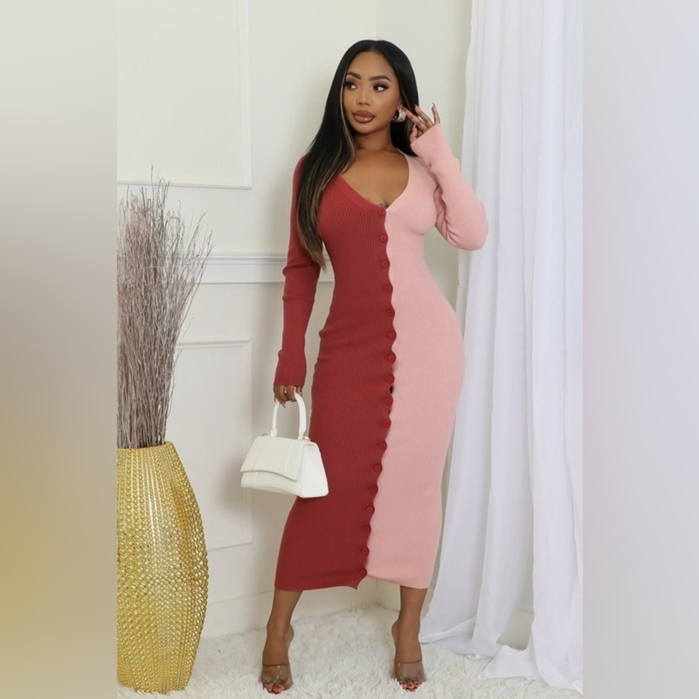 Elegant Pink and Red Knit Long Sleeve Color Block Dress